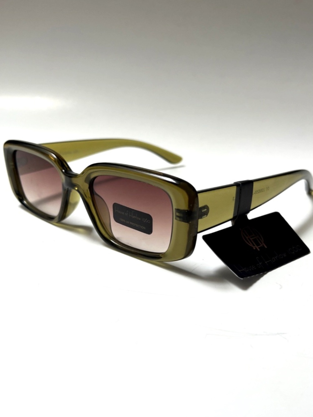 House of Harlow 1960 Slim Rectangle Sunglasses Olive Green NWT Acetate